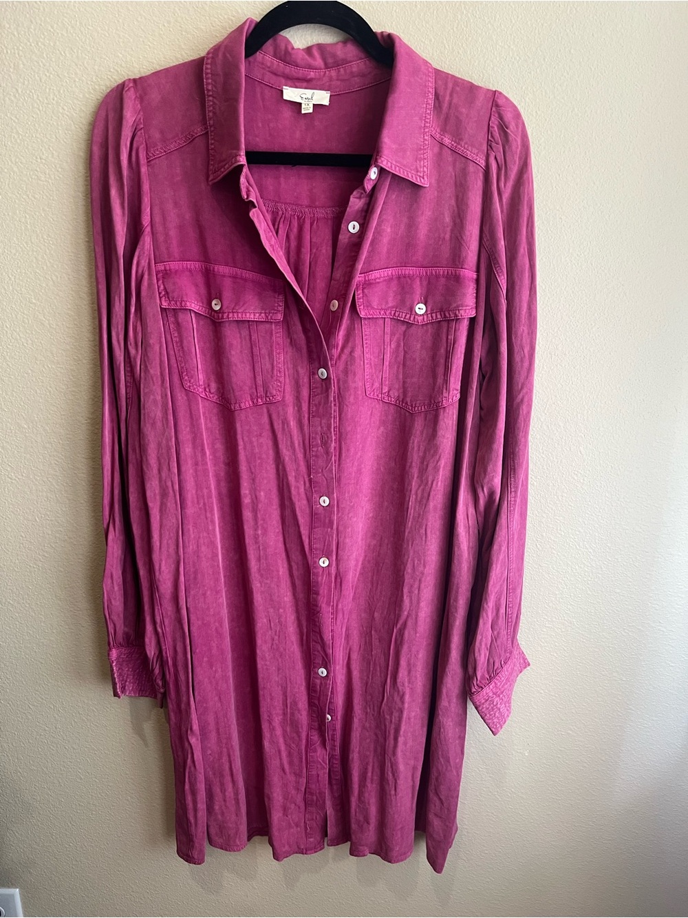 easel Raspberry-Pink Long Sleeve Button-Down Shirt Dress - Picture 2 of 6